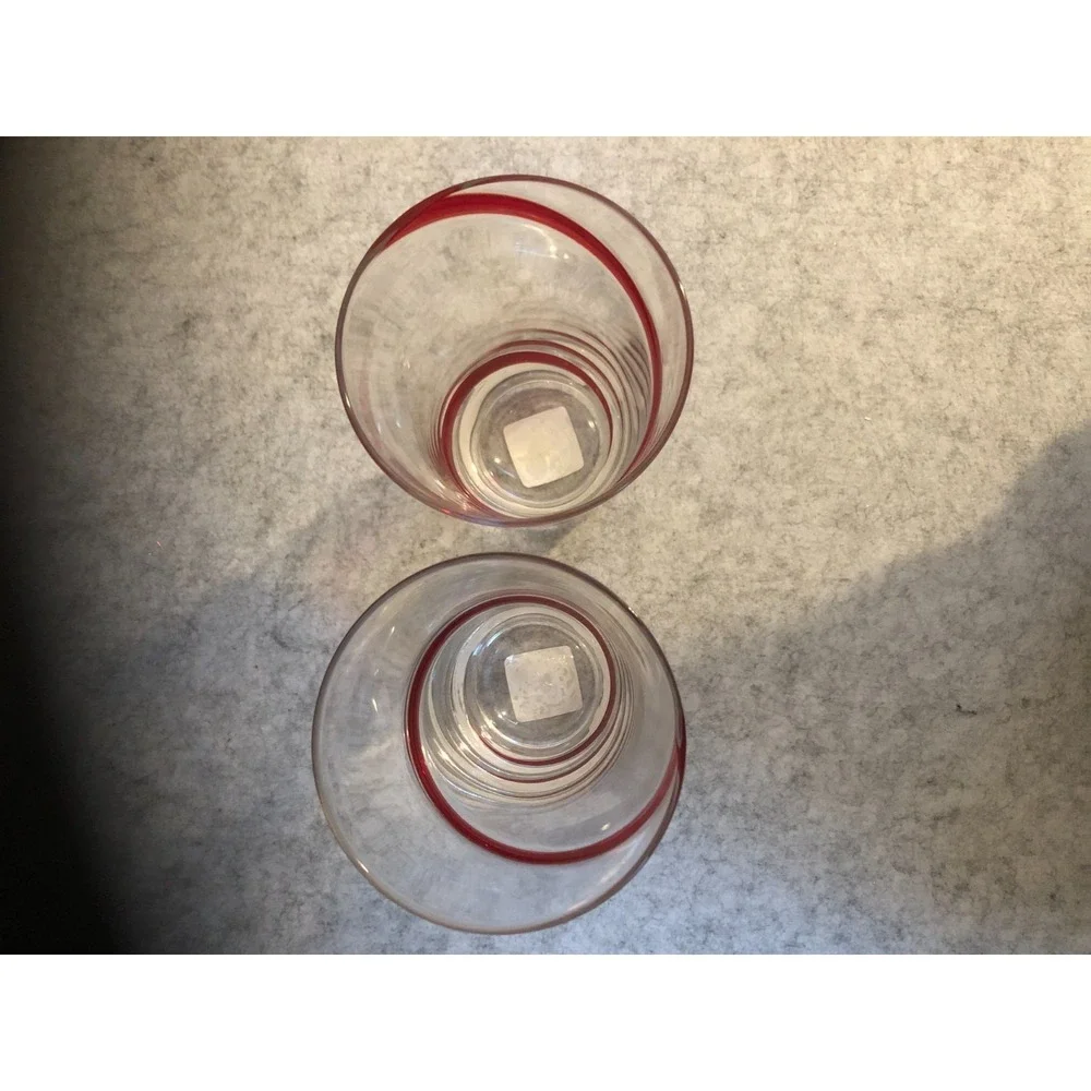 Pier 1 Swirline Red Swirl Highball Glasses Clear Hand Blown Tumblers 6.25
